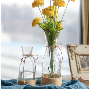 Cheap Clear Glass Flower Vase with Rope for Home Decoration