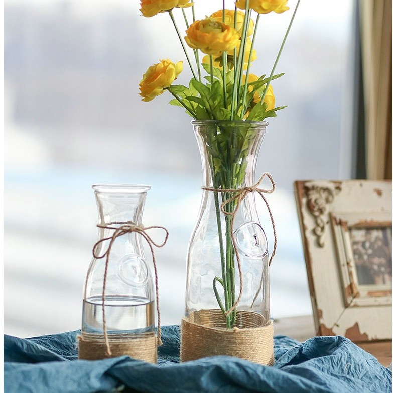 Cheap Clear Glass Flower Vase with Rope for Home Decoration