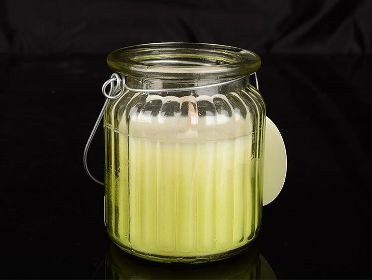 Cheap Ribbed Glass Candle Jar with Metal Handle