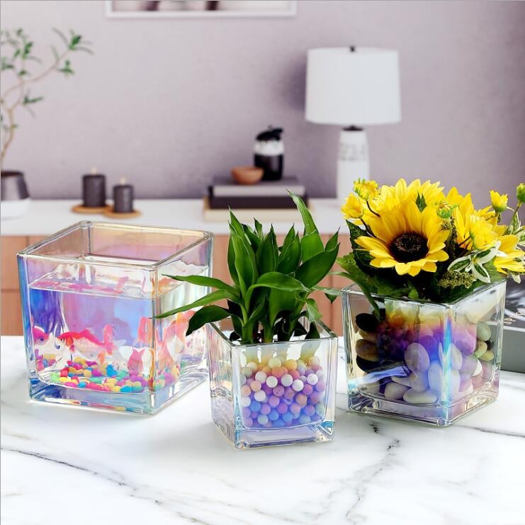 Cheaper Cube Square Candle Jar Electroplate Glass Flower Vase