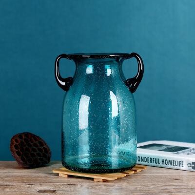 Elegant Marine Inspired Round Light Blue Hand Blown Bubble Glass Vase for Home Decoration