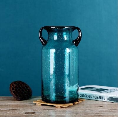 Elegant Marine Inspired Round Light Blue Hand Blown Bubble Glass Vase for Home Decoration