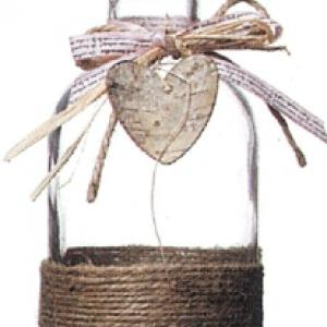 Glass Bottle Vase with Wrapped Jute and Wooden Heart Decor