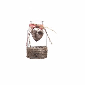 Glass Bottle Vase with Wrapped Jute and Wooden Heart Decor