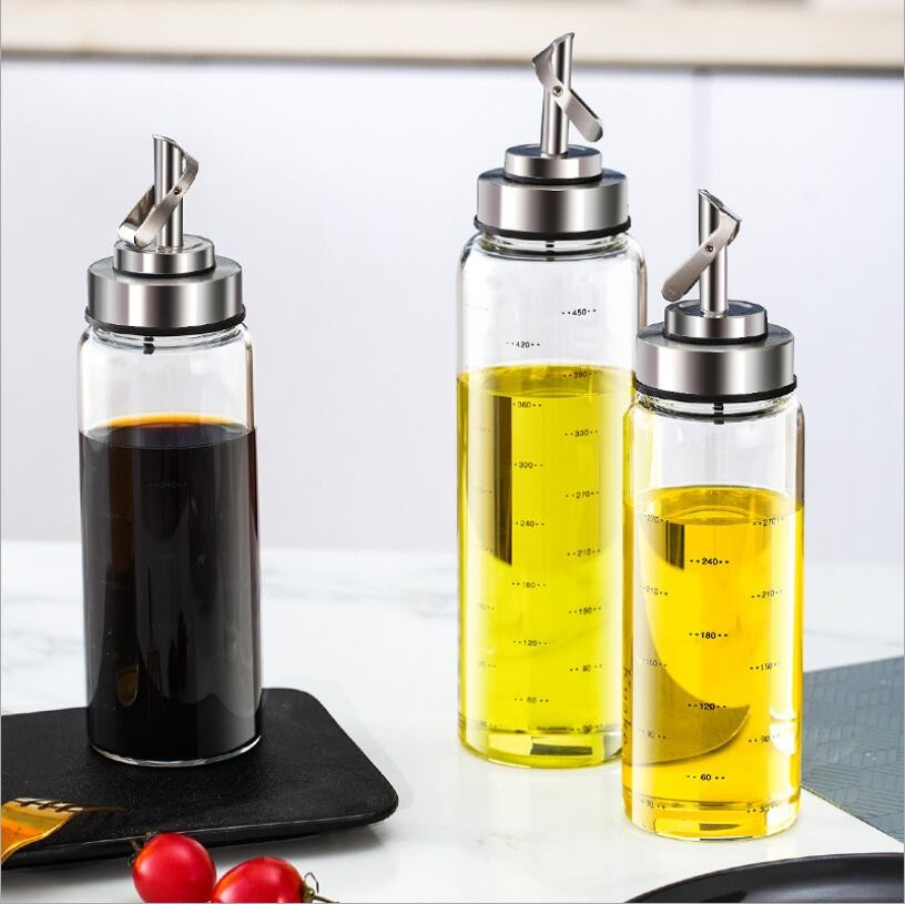 Glass and Steel Jar Oil Bottle Round Spice Bottle Set Borosilicate Cooking Oil
