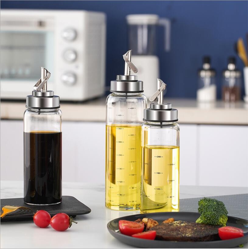 Glass and Steel Jar Oil Bottle Round Spice Bottle Set Borosilicate Cooking Oil