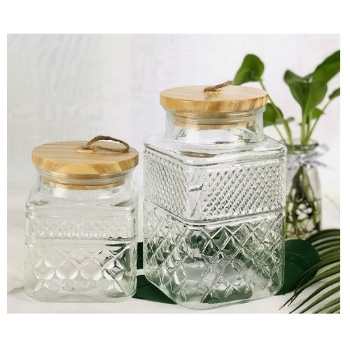 Stackable Bamboo Wood Seal Lid Glass Storage Jar With Wooden Lid