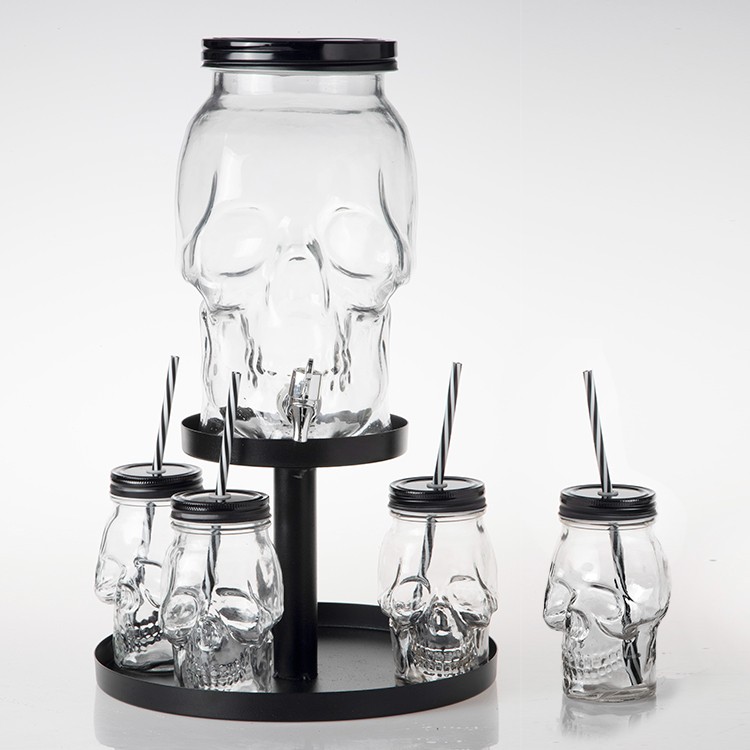 Halloween Skull Shape Glass Beverage Dispenser with Metal Lid for Party
