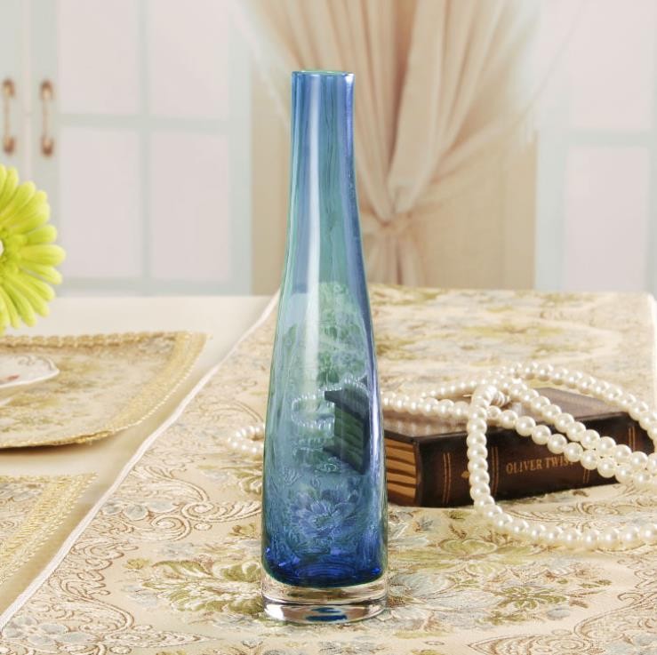 High Quality Blue Long Neck Glass Vase for Flowers