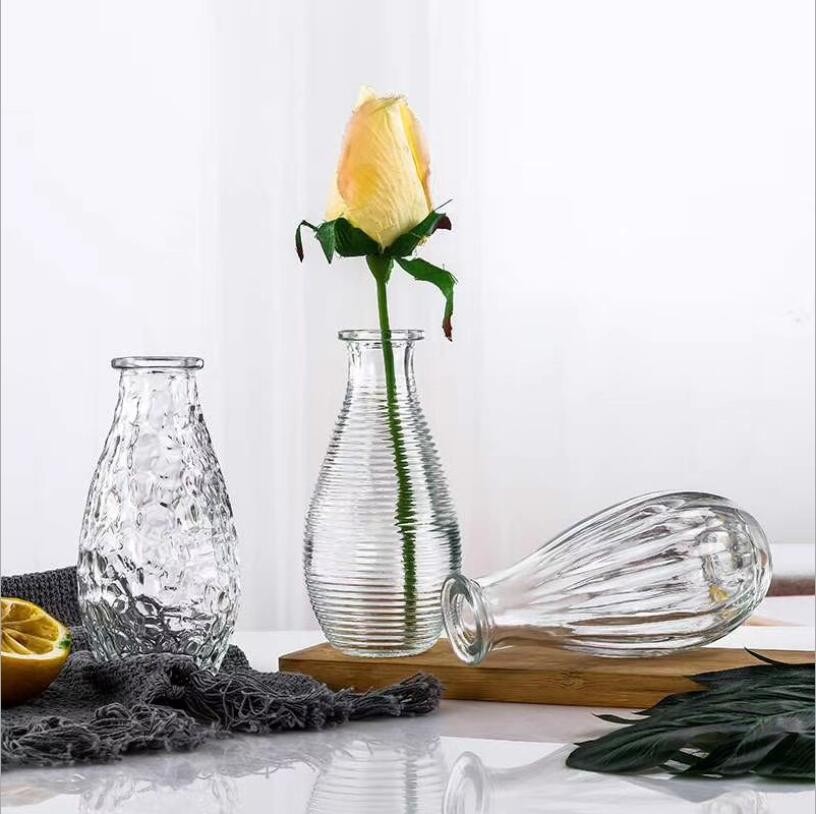 Home Decoration Tabletop Mini Clear Bottle Shape Glass Vase with Beautiful Emboss