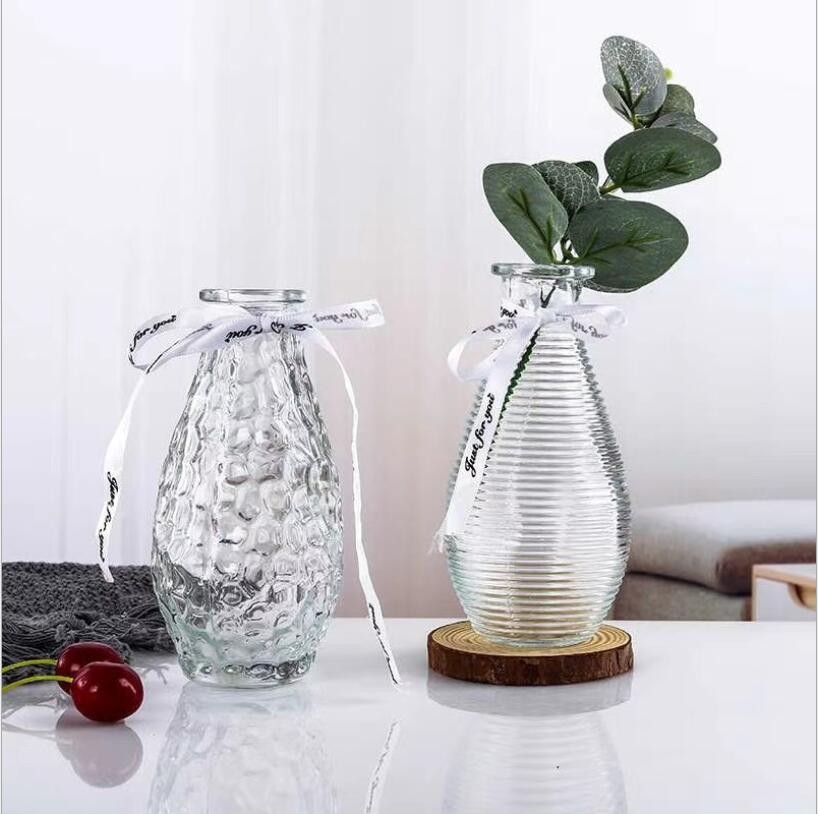 Home Decoration Tabletop Mini Clear Bottle Shape Glass Vase with Beautiful Emboss