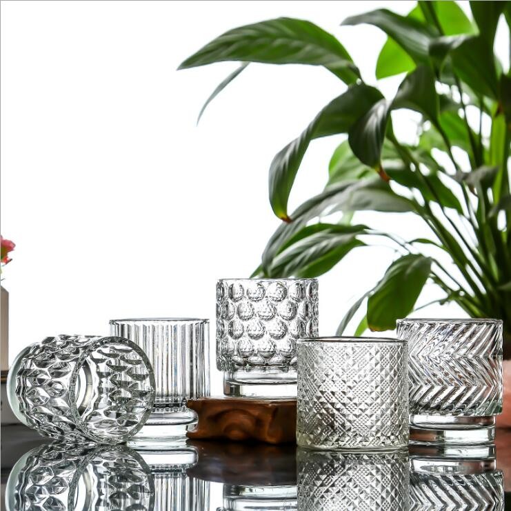 Home Decoration Transparent Glass Tealight Luxury Embossed Glass Candle Jar S
