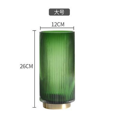 Hot Sale Hand Blown Green Ribbed Cylinder Glass Vase with Base for Home Decoration