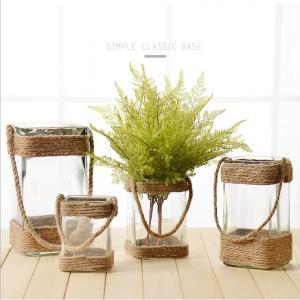 Hot Sale Square Glass Vase Glass Square Jar Decoration with Rope