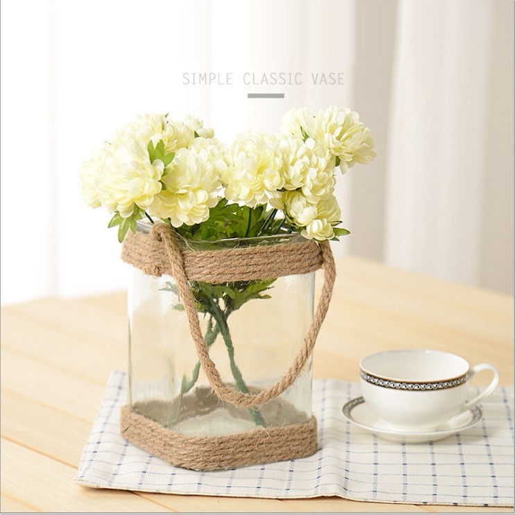 Hot Sale Square Glass Vase Glass Square Jar Decoration with Rope