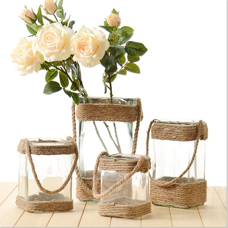 Hot Sale Square Glass Vase Glass Square Jar Decoration with Rope