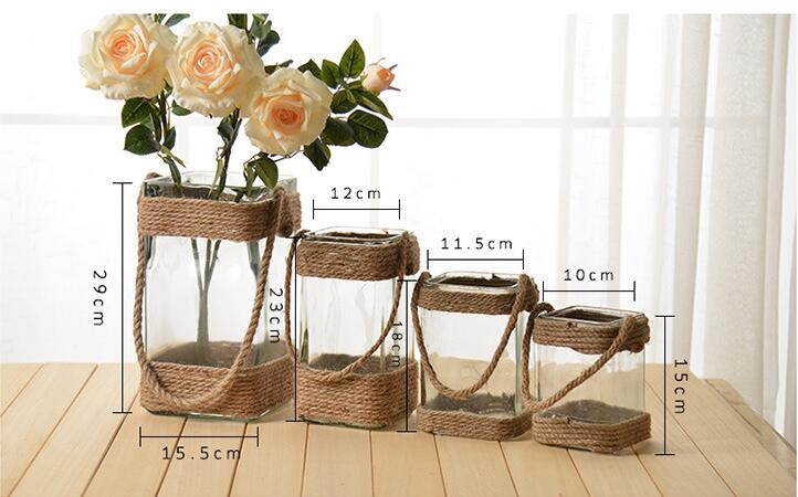 Hot Sale Square Glass Vase Glass Square Jar Decoration with Rope