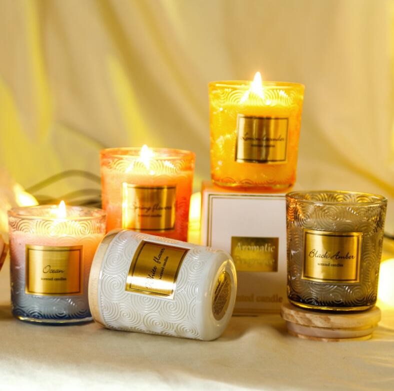 New design Luxury Decorated Glass Holder for Scented Candle with Wooden Lid