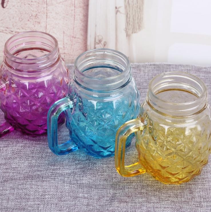 Pineapple Shape Handle Cup Gradient Color Fruit Juice Cold Drink Mason Jar