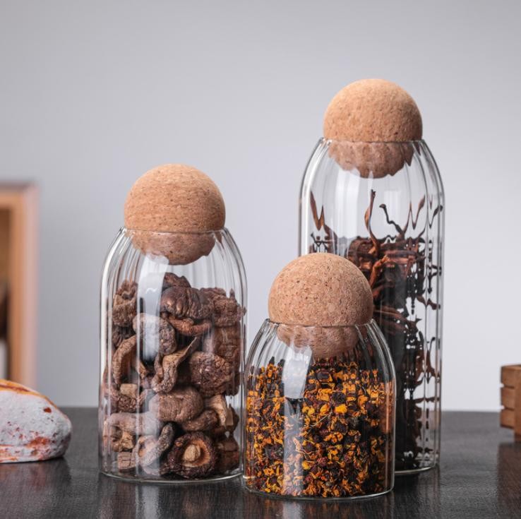 Unique Clear Glass Storage Jar with Airtight Seal Cork Wood Lid Ball