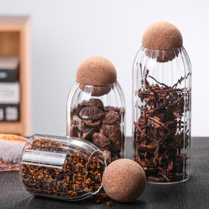 Unique Clear Glass Storage Jar with Airtight Seal Cork Wood Lid Ball