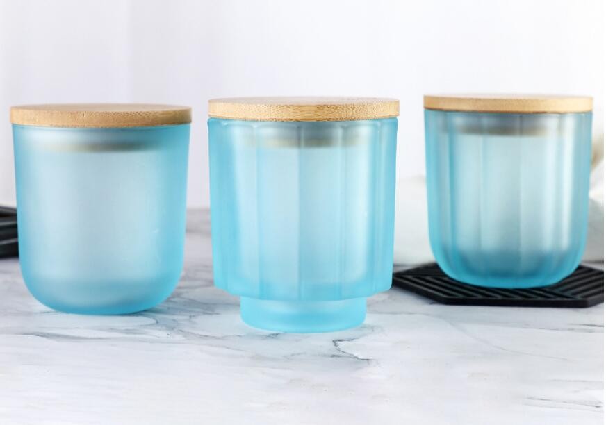 Unique Light Blue Set Thick Luxurytaper Glass Candle Container Holder Jars with Lid