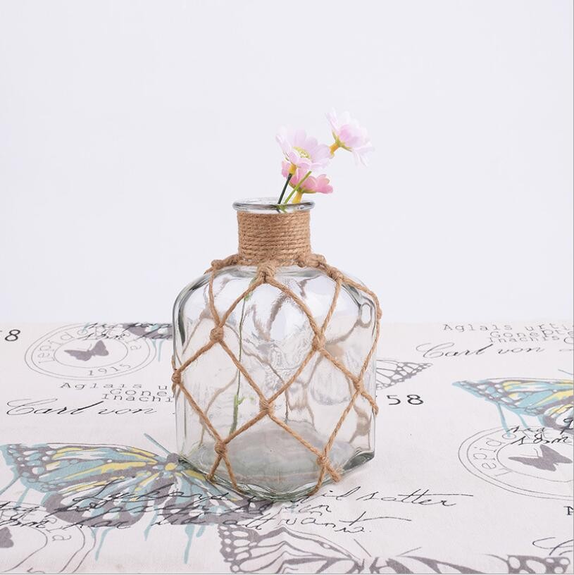 Vintage American Round Glass Vase Rustic Style Color Glass Bottle with Rope