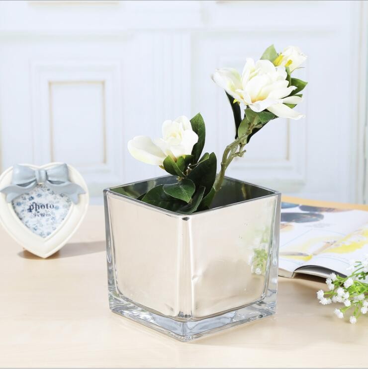 Wholesale 6 Inch Electroplate Cube Square Silver Glass Vase for Sale