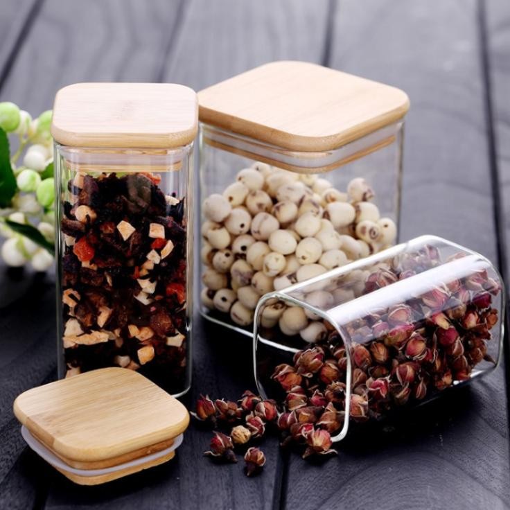 Wholesale High Borosilicate Glass Food Storage Jar Square and Round Glass Jars with Bamboo Lids
