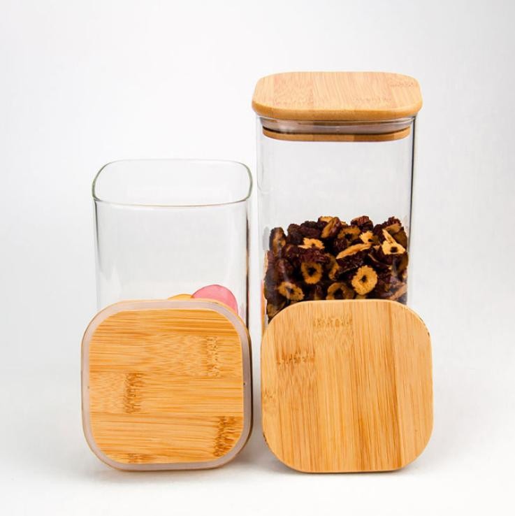 Wholesale High Borosilicate Glass Food Storage Jar Square and Round Glass Jars with Bamboo Lids