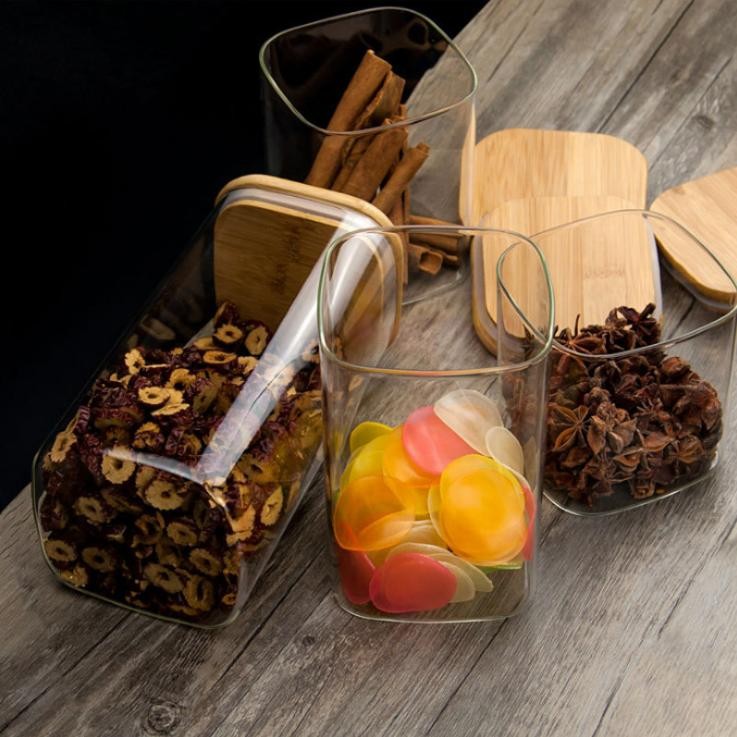 Wholesale High Borosilicate Glass Food Storage Jar Square and Round Glass Jars with Bamboo Lids