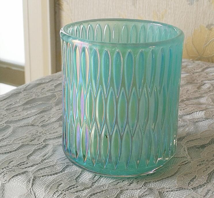 Wholesale Luuxurious Iridescent Embossed Glass Candle Jar for Home Decoration