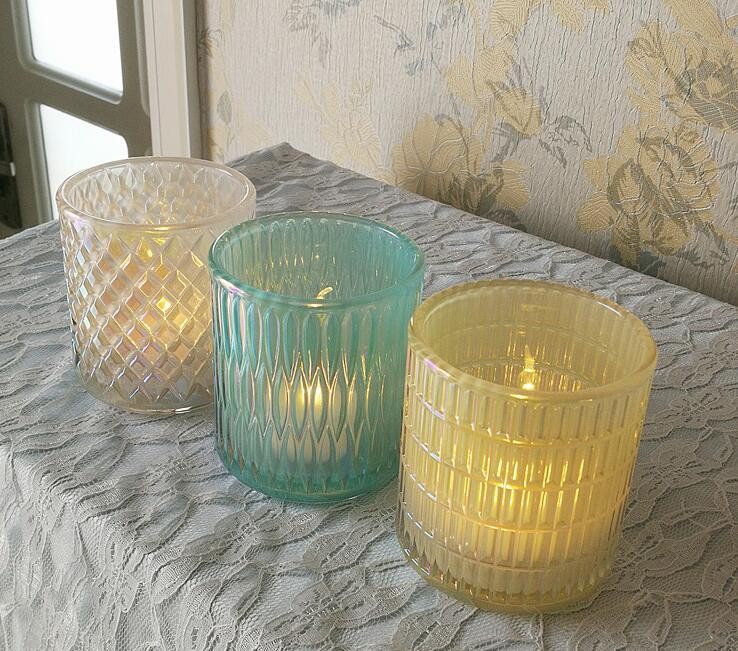 Wholesale Luuxurious Iridescent Embossed Glass Candle Jar for Home Decoration