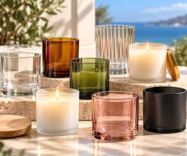Clear, amber, green, pink and black glass candle jars with frosted candles arranged on stone beside a coastal window