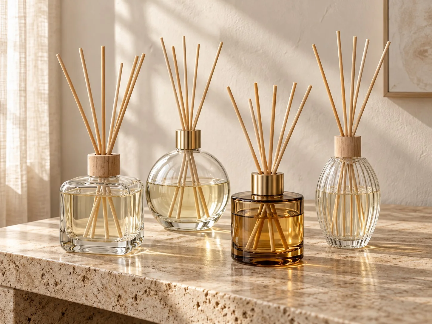 Four different glass reed diffuser bottles on a travertine console