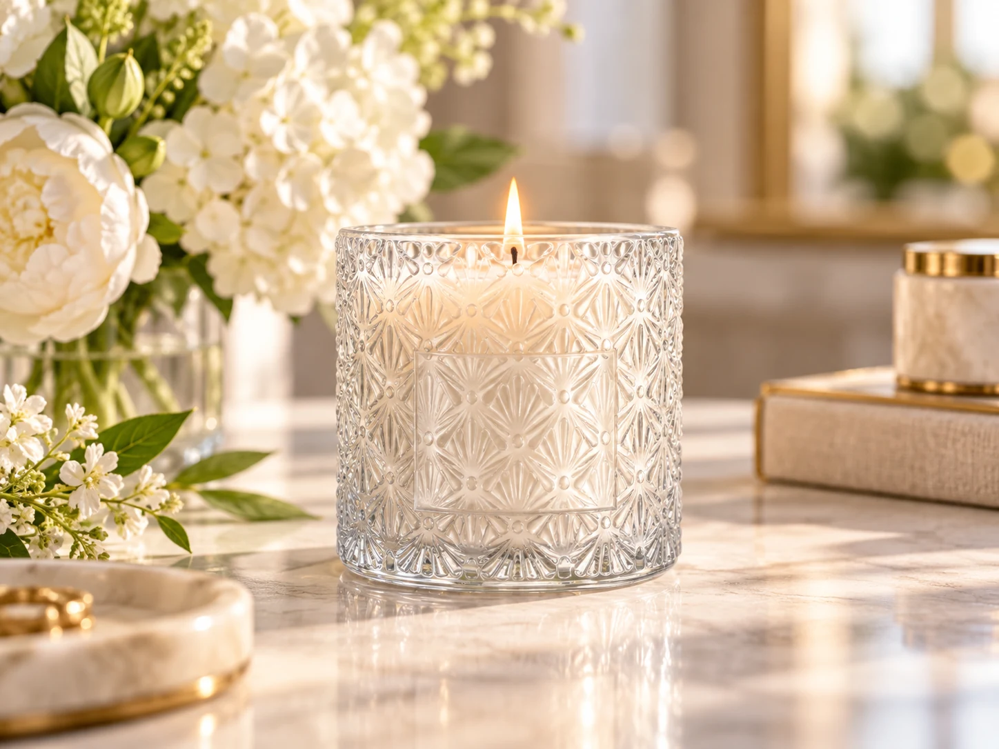 550ml Fan-Pattern Glass Candle Jar with Wooden Lid — candle application