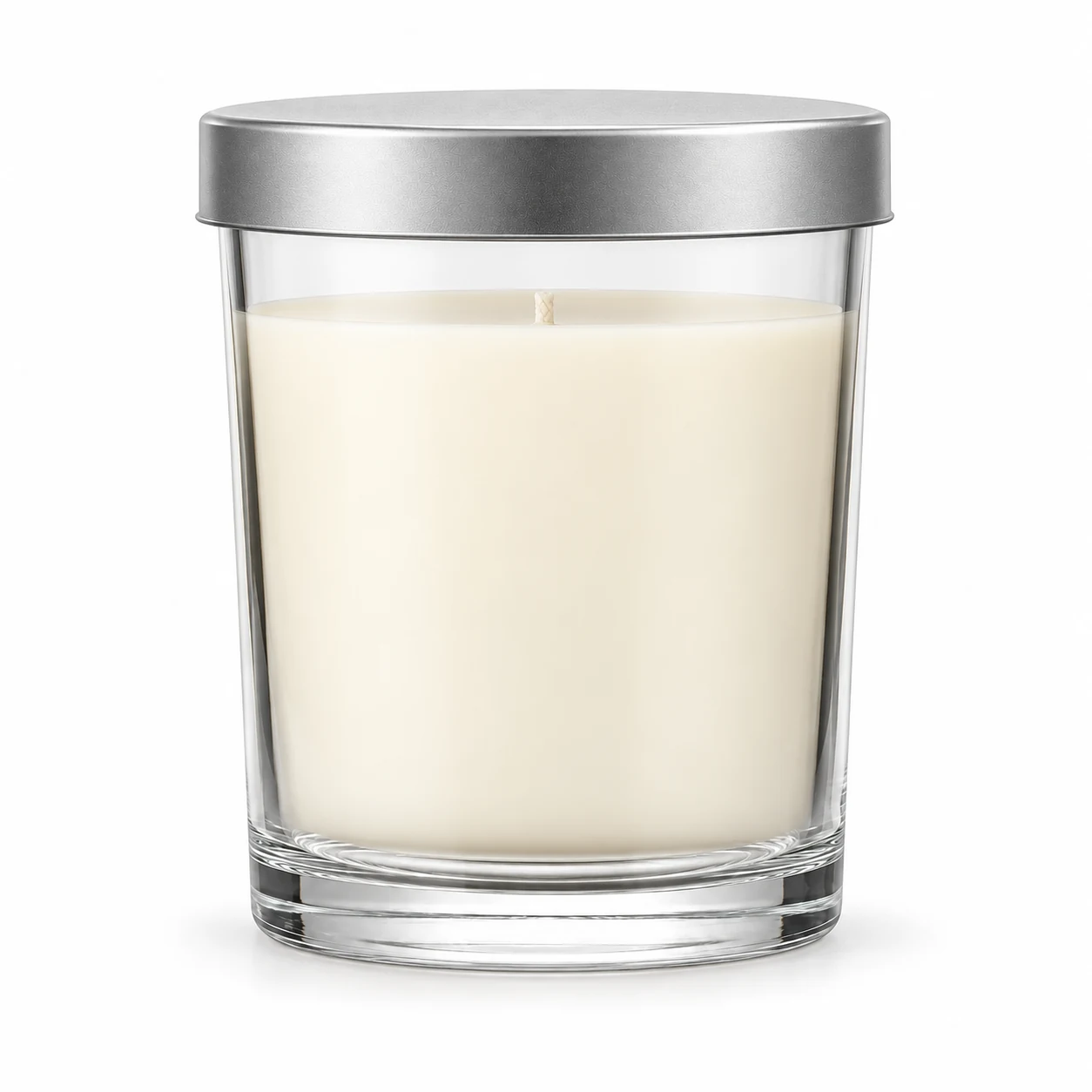 210ml Straight-Sided Glass Candle Jar (VSS-CJ-013) — candle application — frosted silver tin lid closed
