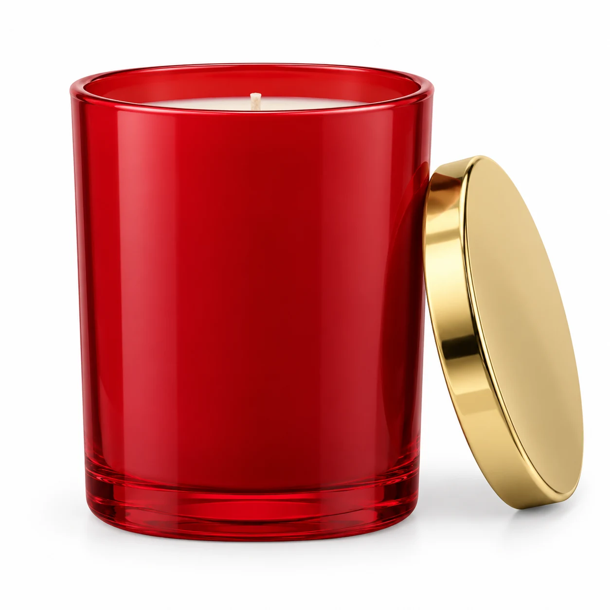 210ml Straight-Sided Glass Candle Jar (VSS-CJ-013) — candle application — glossy red gold tin lid