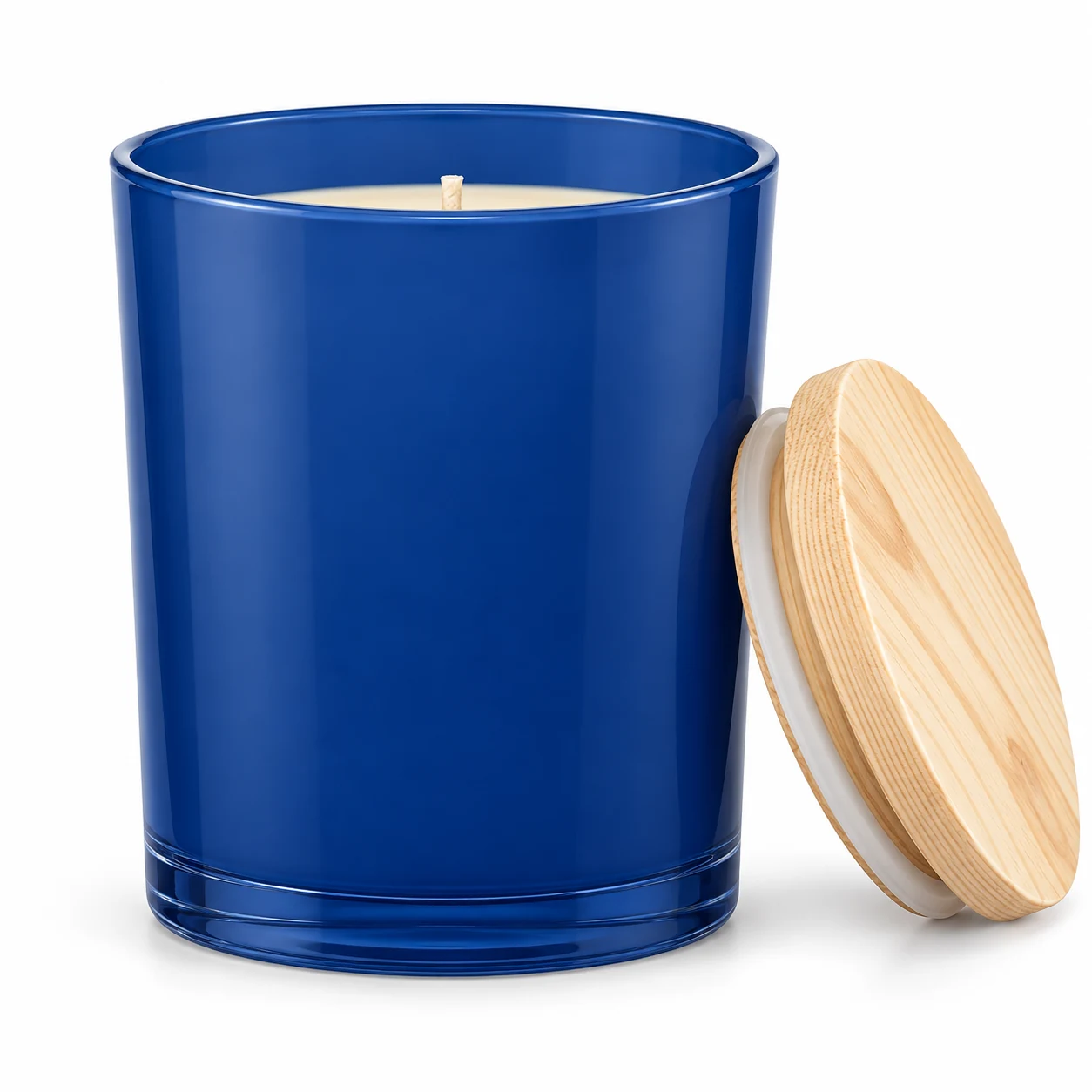 210ml Straight-Sided Glass Candle Jar (VSS-CJ-013) — candle application — opaque glossy blue pine lid