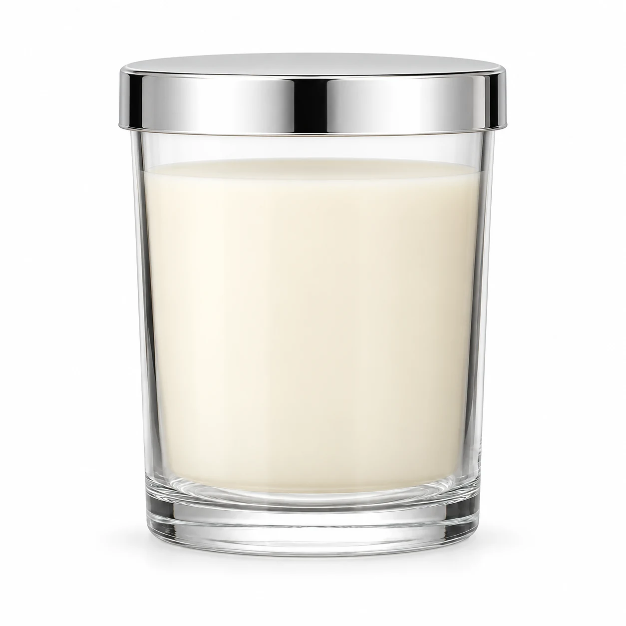 210ml Straight-Sided Glass Candle Jar (VSS-CJ-013) — candle application — polished silver tin lid closed
