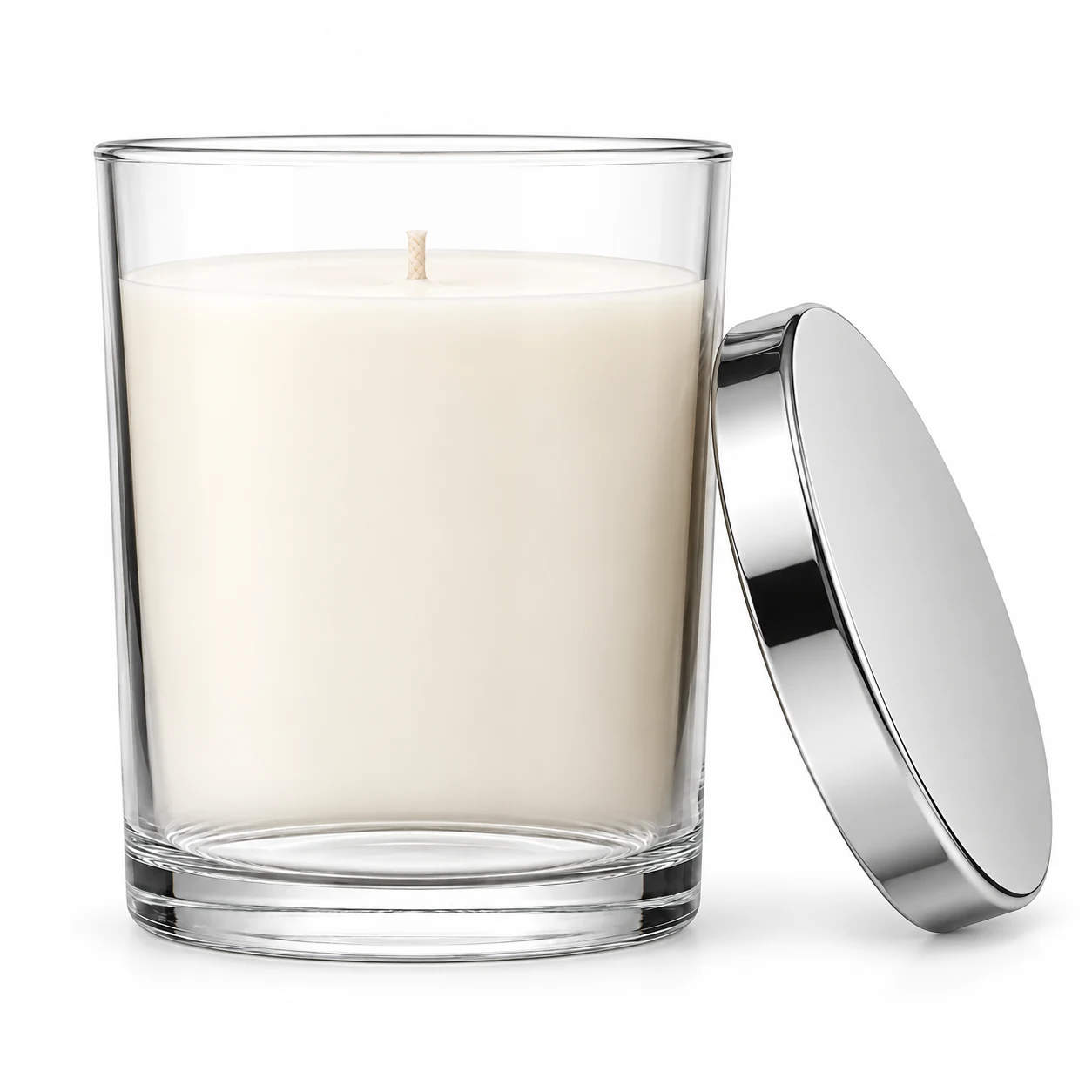 210ml Straight-Sided Glass Candle Jar (VSS-CJ-013) — candle application — polished silver tin lid