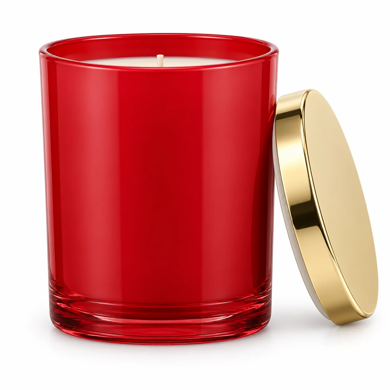 315ml Straight-Sided Glass Candle Jar (VSS-CJ-014) — candle application — glossy red gold tin lid