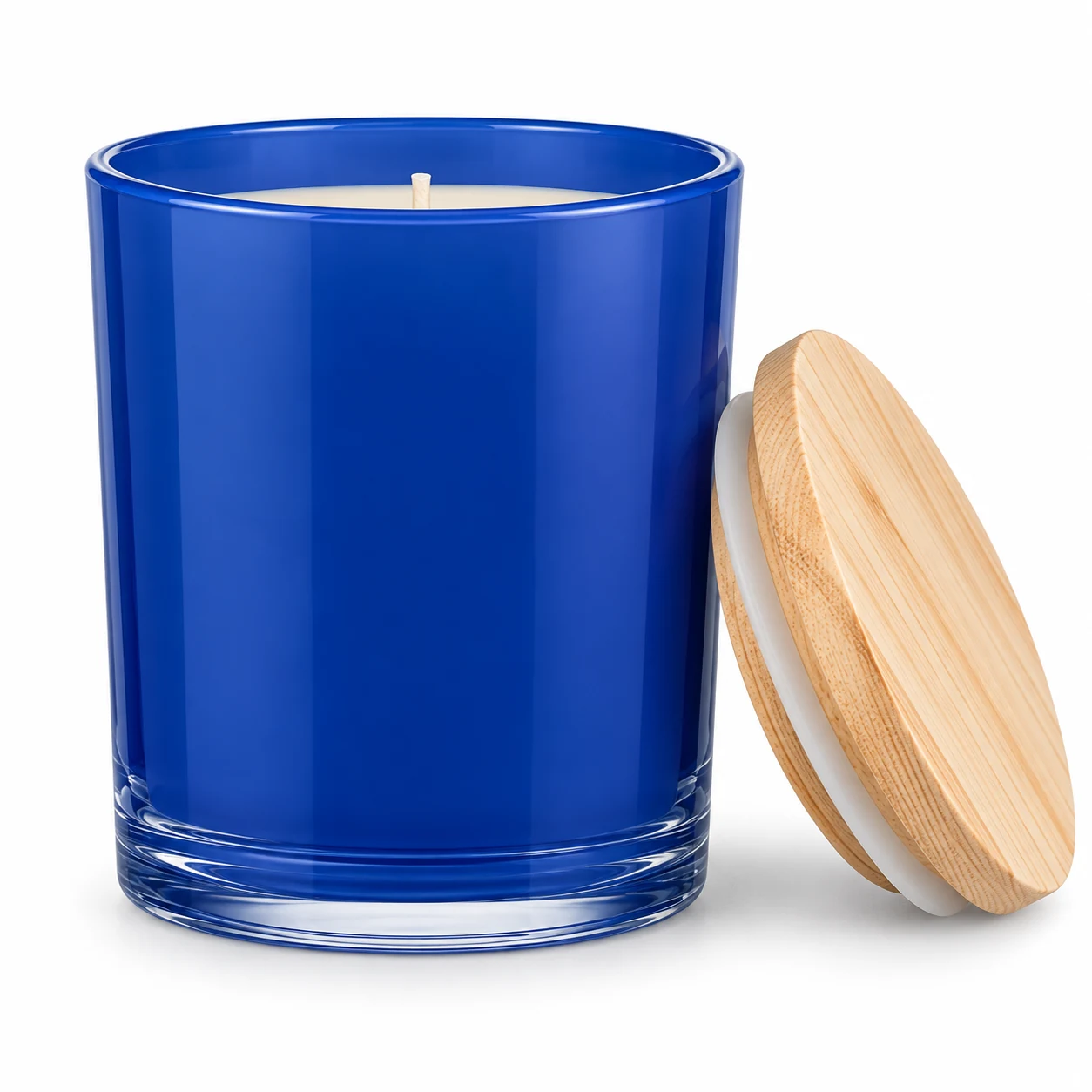 315ml Straight-Sided Glass Candle Jar (VSS-CJ-014) — candle application — opaque glossy blue pine lid