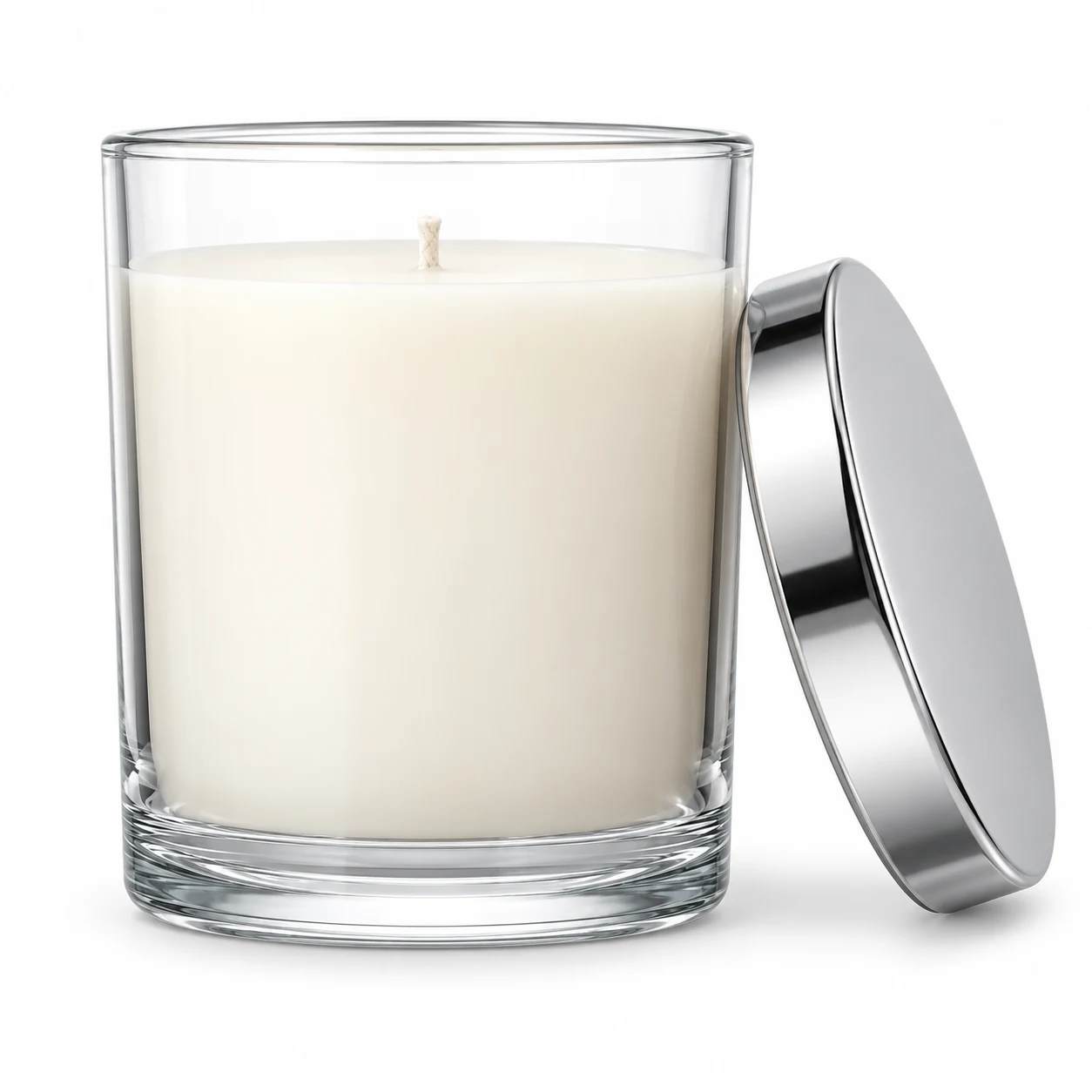 315ml Straight-Sided Glass Candle Jar (VSS-CJ-014) — candle application — polished silver tin lid