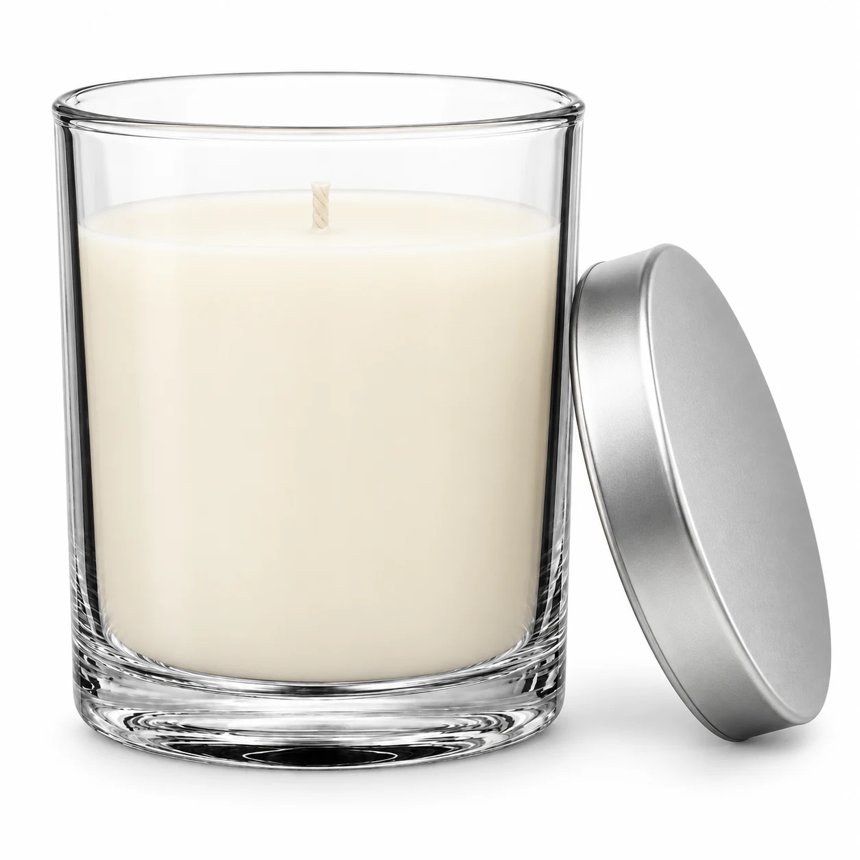 430ml Straight-Sided Glass Candle Jar (VSS-CJ-015) — candle application — frosted silver tin lid