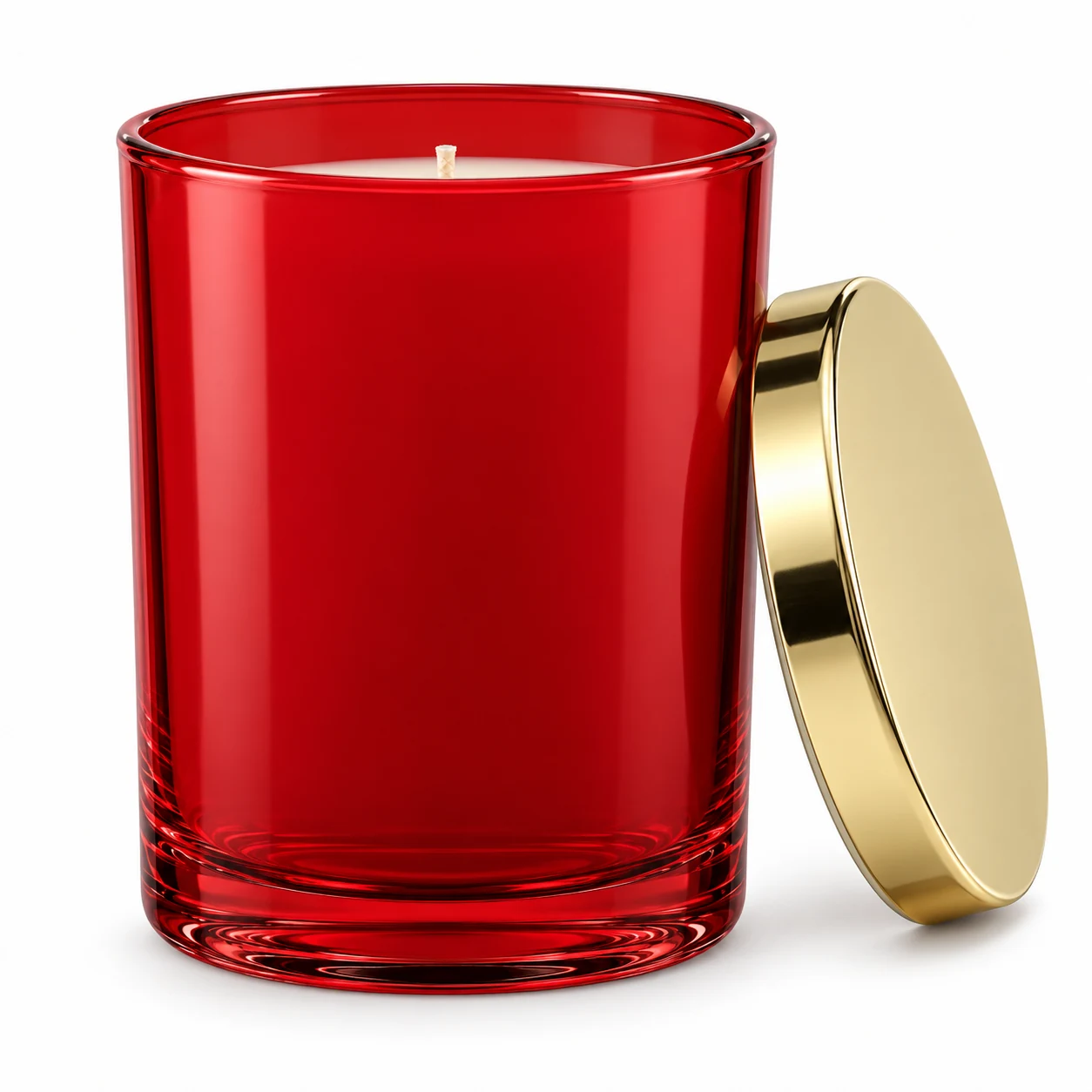 430ml Straight-Sided Glass Candle Jar (VSS-CJ-015) — candle application — glossy red gold tin lid