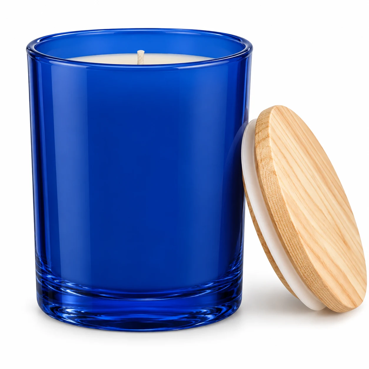 430ml Straight-Sided Glass Candle Jar (VSS-CJ-015) — candle application — opaque glossy blue pine lid