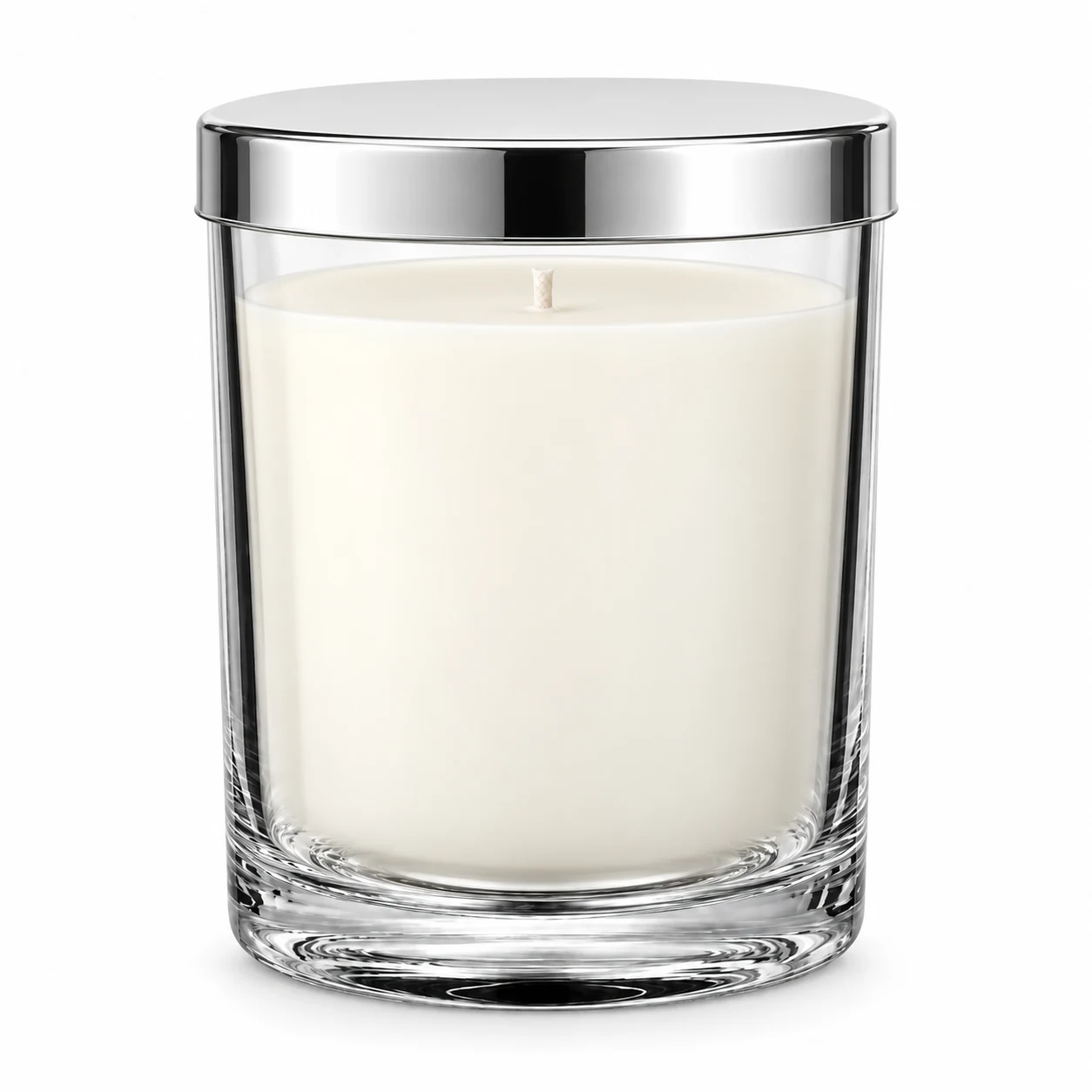 430ml Straight-Sided Glass Candle Jar (VSS-CJ-015) — candle application — polished silver tin lid closed