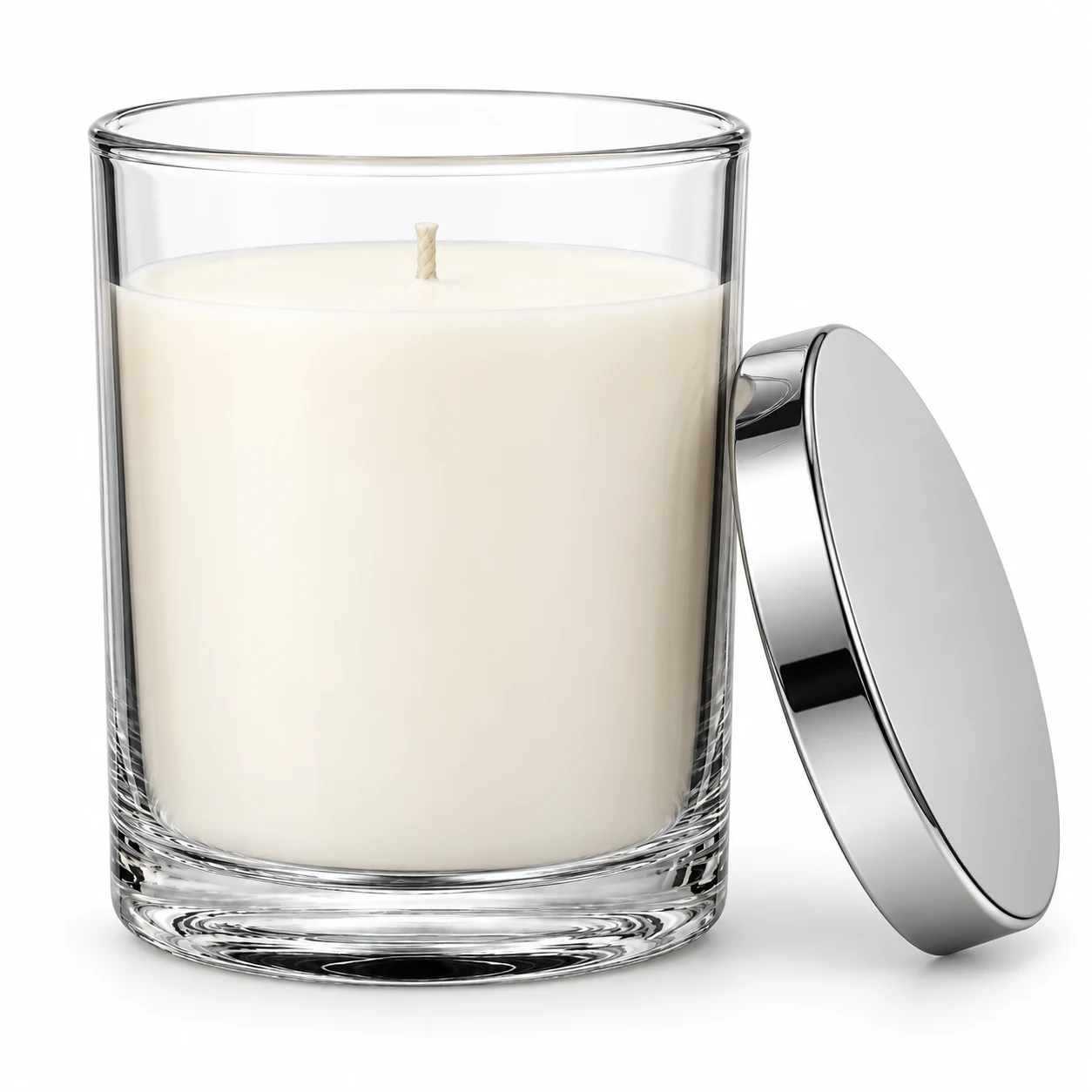 430ml Straight-Sided Glass Candle Jar (VSS-CJ-015) — candle application — polished silver tin lid