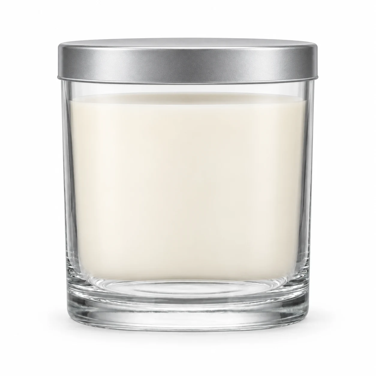 550ml Straight-Sided Glass Candle Jar (VSS-CJ-017) — candle application — frosted silver tin lid closed